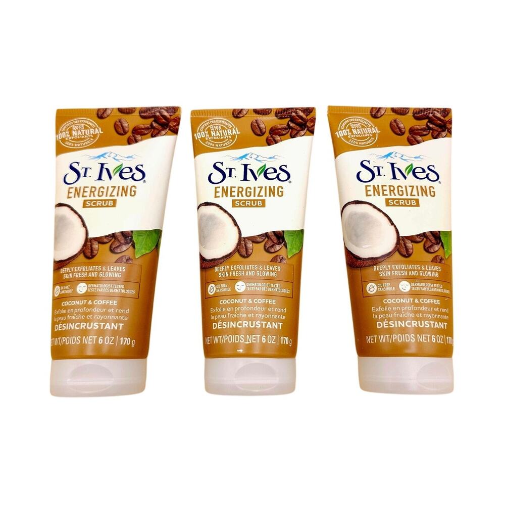 (3) St. Ives Energizing Coconut & Coffee Face Scrubs 6 oz Deep Exfoliating NEW